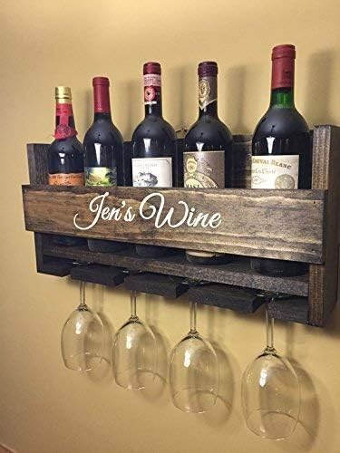 Wine Rack Custom Personalized Engraved Carved Custom Rustic 6 Bottle Wall Mount Wine Rack with 4 Glass Slot Holder, Wall Decor, Primitive, Handmade, Vintage