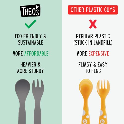 Theo's 20 Pack Eco-Friendly Utensils For Baby & Toddler | 100% Biodegradable + Compostable 5.0"X1.2" Plant Based Spoons & Forks (10 Each) | Bpa Free, Dishwasher + Microwave Safe (Light & Dark Gray) #TOP3
