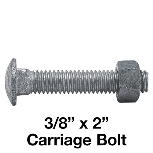 Image of Carriage Bolts 3 /8-16 x 2: w /Nuts Galvanized Bulk Carriage Bolt ~ Coarse Thread (2 inches Long) (25 Pieces) - Chain Link Fence Carriage Bolt w /Nuts