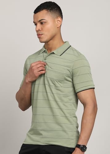 Image of INKKR Men Striped Polo Neck Cotton Blend T-Shirt
