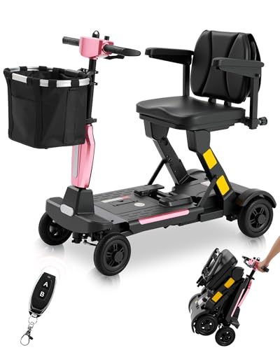 Mbxcooter Light Weight Foldable Mobility Scooter, 46Lbs, 330 Capacity Airline-Approved Mobility Scooters for Seniors/Adults, Folding 4 Wheels Wheelchair,Removable Battery, up to 30Miles Pink Auto Fold