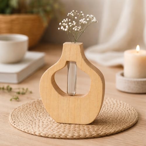 Image of CraftVatika Flower Vase Decorative Items for Home, Gift Items for Home Decor, Test Tube Flower Vase with Wooden Base Test Tube Glass Item Office Living Room Decoration, Anniversary Housewarming Gift