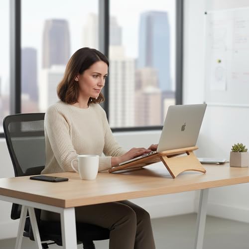 Image of Laptop Stand Universal Heat Dissipation Desktop Foldable Laptop Stand Wooden Notebook Stand Holder with 180 Degree Multiple-Angle Support for MacBook Asus HP Sony 11 x 11.5 inche Natural