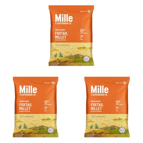 Image of Mille Foxtail Millet Whole Grain | Certified Low GI | Rice Replacement | High Fibre and Plant Protein | Gluten Free | Cooks in 10 minutes | Can be used to cook Biryani, Lemon Puliyogare | Unpolished, Toasted, No Soaking Required | Kangni /Kakum /Navani /Korralu /Korra /Thinai, 500g