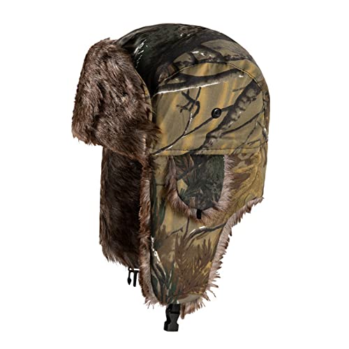 Mens Winter Camo Trapper Hat with Ear Flaps Faux Fur Lined Trooper Ushanka Hats Windproof Warm Russian Hunting Ski Cap