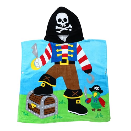 PERSELOSO Albornoz Infantil de Algodón Puro Capucha, Toalla de Baño Absorbente y Transpirable, Diseño Pirata, Poncho Grueso para Playa, Piscina y Uso Diario