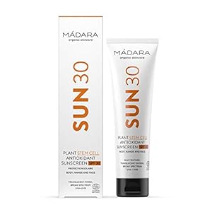MÁDARA Cosméticos Orgánicos | Protector solar corporal antioxidante de células madre vegetales SPF30-100 ml, Protección UVA/UVA de amplio espectro, Con células madre de Northern Dragonhead