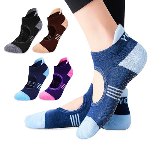 flintronic 4 Pares Comodos Calcetines Pilates Mujer Antideslizantes, Cómodo Calcetines Yoga Pilates para Mujeres para Fitness Pilates Yoga