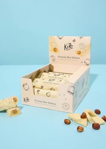 KoRo - Protein Bar Deluxe White Chocolate Hazelnut 12 x 55 g - Proteinreich (23 g/100 g) - Nussige Füllung & schokoladiger Mantel - Ohne Zuckerzusatz, enthält Süßungsmittel