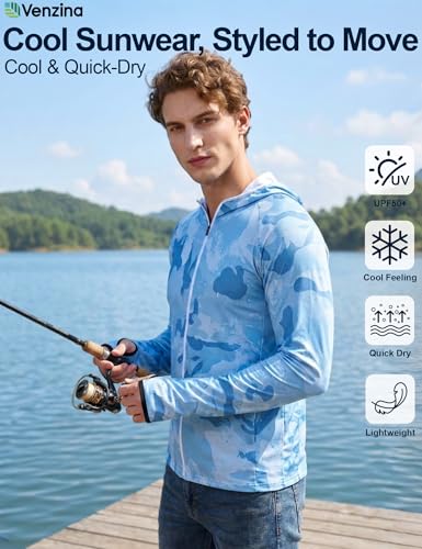 Image of Venzina Sunscreen Jacket for Men Fishing Sun Protection Jacket UPF 50+ Cooling Breathable Quick Dry Stylish Print Stretchable Design with Thumbholes Travel Hiking Camping