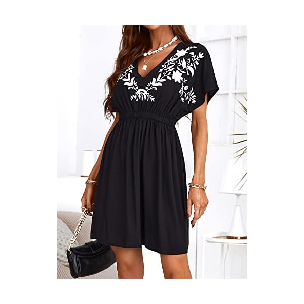 CUPSHE Women's V Neck Shadow Striped Elastic Waist Cover Up Dress Short Sleeve Beach Mini Dress, Black01, Medium - Image 7