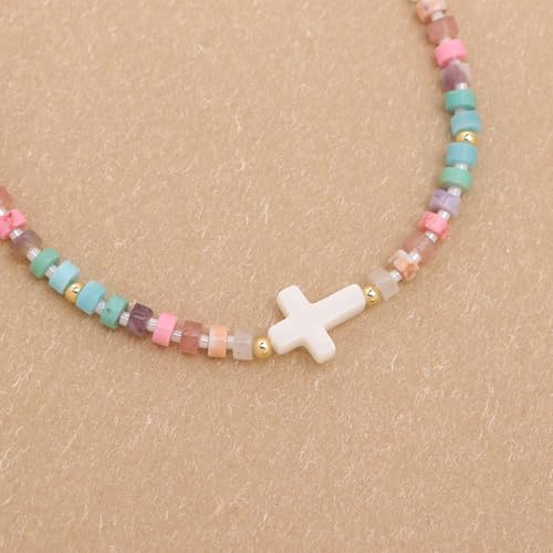 Cross Gemstone Beaded Strand Bracelet for Women,Trendy Cute Handmade Adjustable Natural Stone Bead Bracelets Fashion Christian Jewelry Gift.4