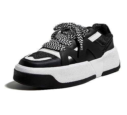 LUCKY STEP Women’s Platform Fashion Sneakers Lace up Casual Faux Leather Comfortable Thick Sole Tennis Walking Shoes(Black/White,9 B(M) US)