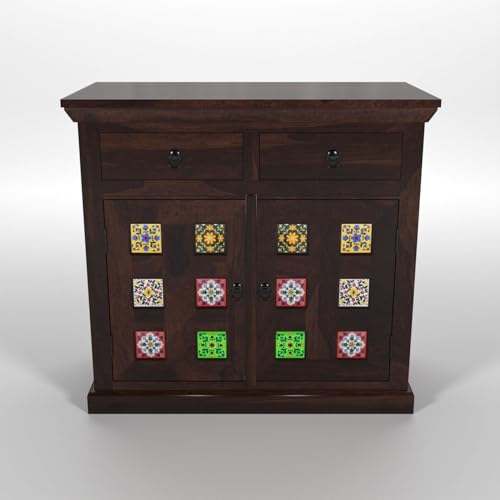 Image of Solid Sheesham Wood Sideboard Cabinet with Doors 2 Rack & 2 Drawers | Wooden Storage Cabinet for Living Room & Dining Room (Walnut Finish)