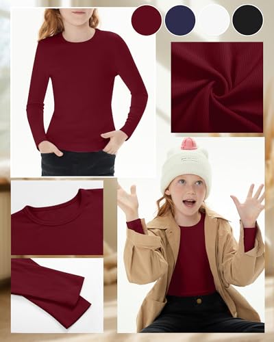 Image of 4 Pack Girls Long Sleeve Shirts Ribbed Knit Cotton Crewneck Tops Slim Fit Soft Casual Kids Base Layer Undershirts