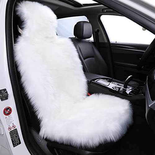 1Pc Faux Sheepskin Wool Fur Car Seat Cover for Cars SUV Trucks Universal Fit, Soft Plush Synthetic Wool Buck Fur Car Seat Cushions by FLMaples (White)