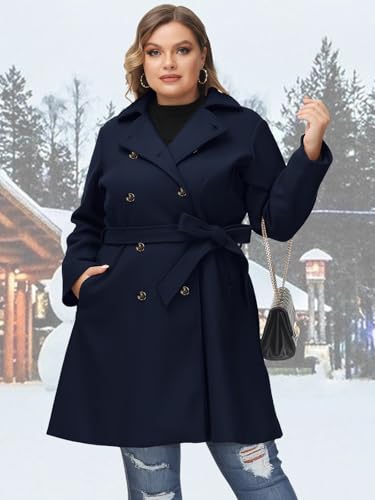 Hanna Nikole Women Plus Size Double Breasted Wool Pea Coat Notch Lapel Trench Coats Mid Long Winter Outerwear with Belt2