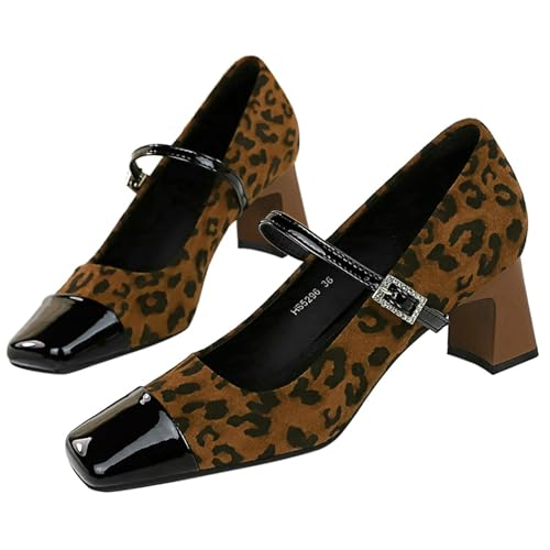 Meefit Women Leopard Mary Janes Square Toe Chunky Heel Pumps with Buckle Mid Heel Suede Mary Janes Shoes2