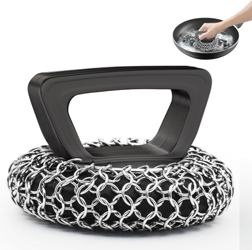 Amagabeli Cast Iron Cleaner with Handle Stainless Steel Chainmail Pan Scrubber for Cast Iron Skillet Cleaner Chain Mail Scrubber Brush Pan Pot Wok Griddles BBQ Grills