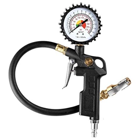 CZC AUTO Tire Inflator Deflator Air Pressure Gauge with Rubber Hose, 2-1/2" Dial Wheel Inflator Gage with Straight Brass Lock-on Chuck Compatible with Air Pump Compressor for RV Car Motorcycle Bike Cover