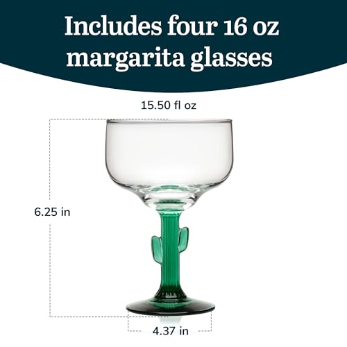 Libbey Cactus Margarita Glasses Set of 4, Durable Green Stemmed Cocktail Glasses, Lead-Free Cactus Glassware, Unique Plant Themed Frozen Margarita Glasses, 16-Ounce by Libbey - Image 3