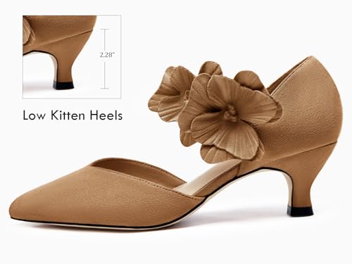 Image of Coutgo Womens Low Kitten Heels Dressy Shoes Comfortable Closed Toe Flower Slip on Formal Party Dance Heeled Pumps