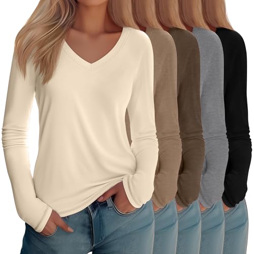 Neer 5 Pack Women's Long Sleeve Shirts, V Neck Cotton Tops Loose Fit Basic Tees Solid Trendy Fall Casual Blouses