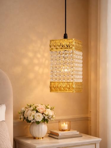 Image of Modern Crystal Pendant Light | Gold Hanging Ceiling Lamp with Crystal Beads | Luxury Decorative Chandelier Light for Living Room, Bedroom, Dining Area (Regal Crystal Tower)