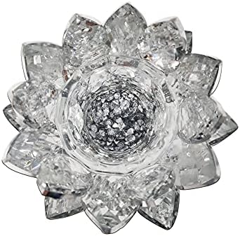 CRYSTAL CROWN® Silver crushed diamonds sparkle ornament Lotus on Cylinder tea light holder | CRYSTALLIZED Silver Lotus Candle Holder Crushed Diamond Display