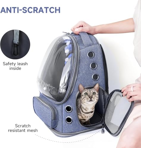 Image of Cawypety Cat Backpack Carrier, Breathable Cat Carrier Pet Backpack for Kitty Small Dog Up to 15Lbs, Transparent & Foldable Pet Carrier for Travel Hiking (Blue., M)
