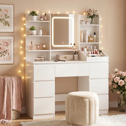 HOOBRO Schminktisch mit Ladestation (2X Steckdose 1x USB-A 1x Typ C) Schminktisch mit LED-Licht 7 Schubladen 5 offenen Fächern inkl. Spiegel für Schlafzimmer Ankleidezimmer Weiß