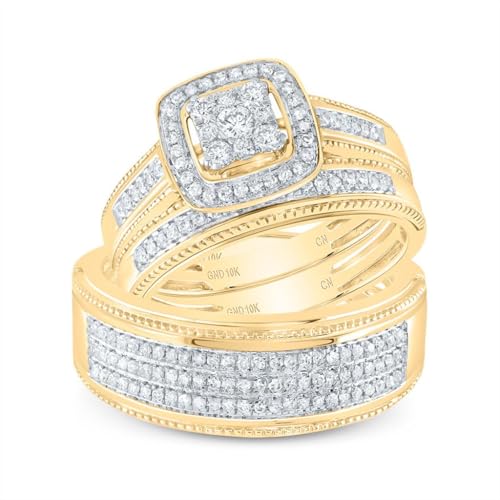 Jewels By Lux 10K Yellow Gold His Hers Round Diamond Square Matching Wedding Set 5/8ctw, Womens Size 5-9, Mens Size 8-12
