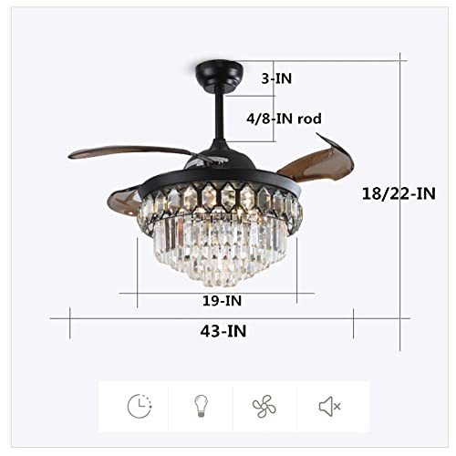 Fandian 42 Inch Modern Crystal Ceiling Fan With Lights Black Retractable Fandelier Remote Control Fixtures, 3 Color Changes Luxury Lighting For Dining Room thumb #5