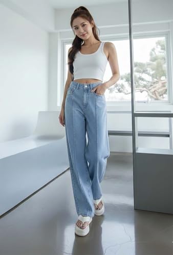 Image of KOTTY Women's High Waist Straight Fit Denim Jeans | Stretchable| Wide Leg & Regular Fit Stylish Wear