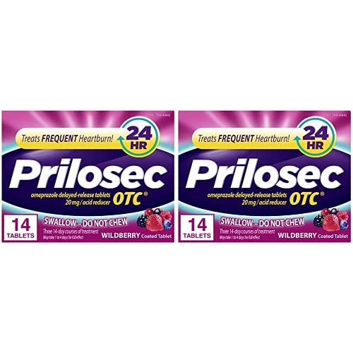 Prilosec OTC, Omeprazole Delayed Release, Acid Reducer, Treats Frequent Heartburn for 24 Hour Relief, Wildberry Flavor, 14 Count (Pack of 2)