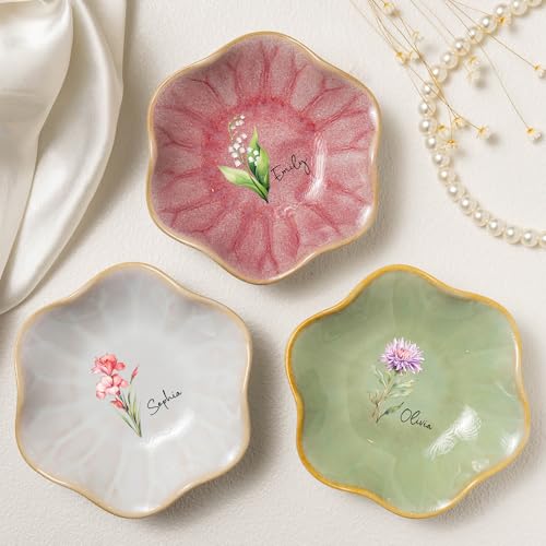 Macorner Personalized Jewelry Dish, Birth Month Flower Gift For Her