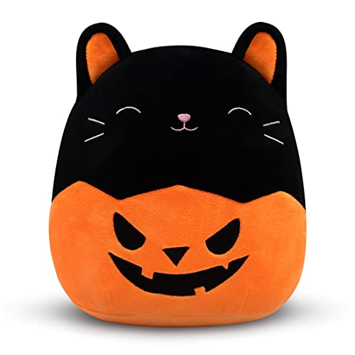 Cute Cat Plush Pillow - 8inch Stuffed Animals Black Cat Plushie - Soft Stuffed Cat Doll Pillow - Pumpkin Cat Halloween Plushie - Gift for Kids Birthday Halloween (8 inch)