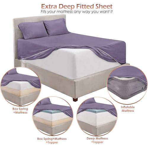 Image of Hearth & Harbor Extra Deep Pocket Queen Sheet Set, Grayish Purple | 4 Piece Cooling Bed Sheets Set, Ultra Soft & Breathable, Fits Up to 24 inch Mattress, Wrinkle & Fade Resistant, Hotel Luxury