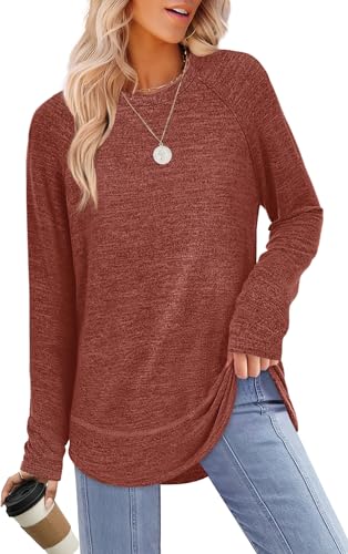 Sampeel Fall Clothes for Women 2026 Long Sleeve Shirts Tunic Tops to Wear with Leggings Lightweight Pullover Sweaters Caramel L