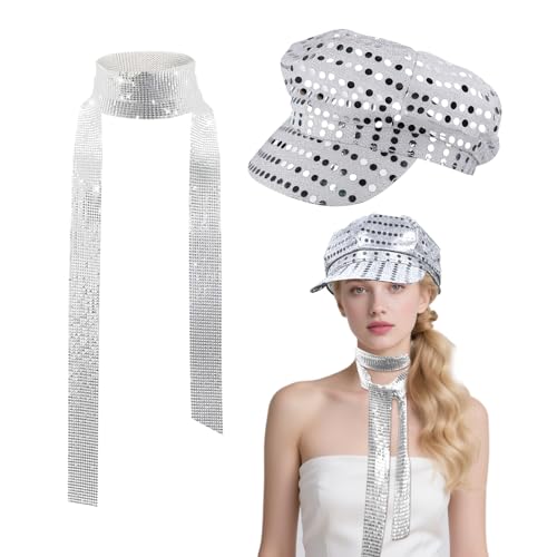 SAIIURV 2 Pcs 70's Disco Adult Hat Cap, Skinny Long Neckerchief, Disco Costume Set, Abba Accessories Women with Sequins Hat Bling, Fancy Dress Silver Sequin Shiny Stag/Hen Party Night (Silver)