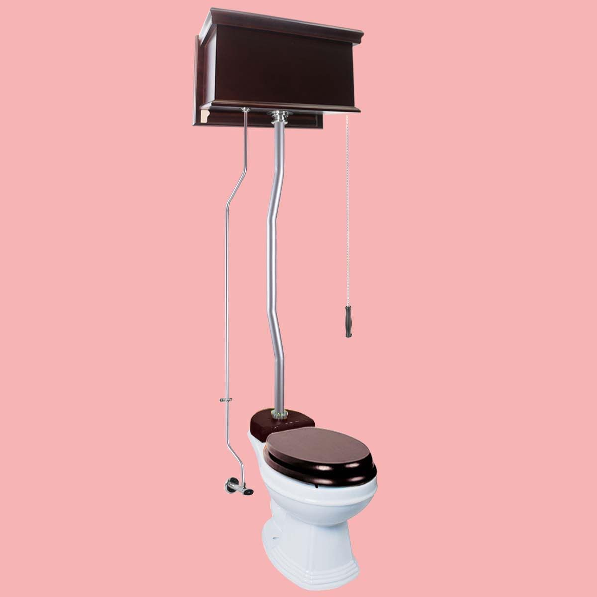 Dark Oak Finish High Tank Pull Chain Toilet Wooden Flat Tank Round Top Entry White Porcelain Bowl And Satin Z Pipes Adjustable Height 59"- 74" With Hardware Renovators Supply Manufacturing