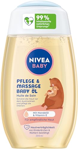 NIVEA Aceite de cuidado y masaje para bebé, aceite nutritivo para la delicada piel del bebé con aceite de almendras y vitamina E, cuidado de la piel protege y fortalece la piel sensible (200 ml)