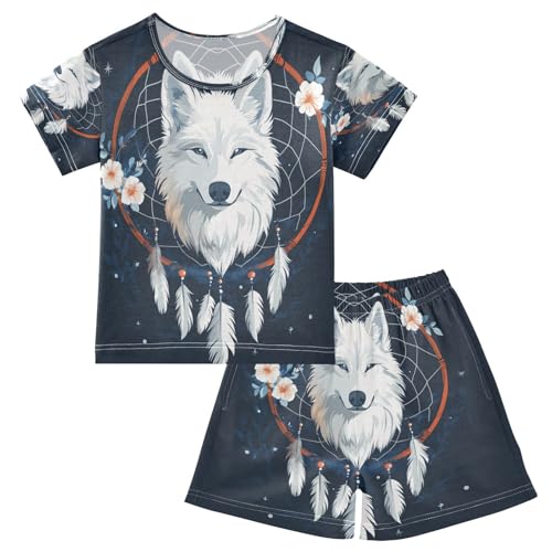 senya Short Sleeve Pajamas Sets Summer Cotton Sleepwear White Feather Dreamcatcher Wolf