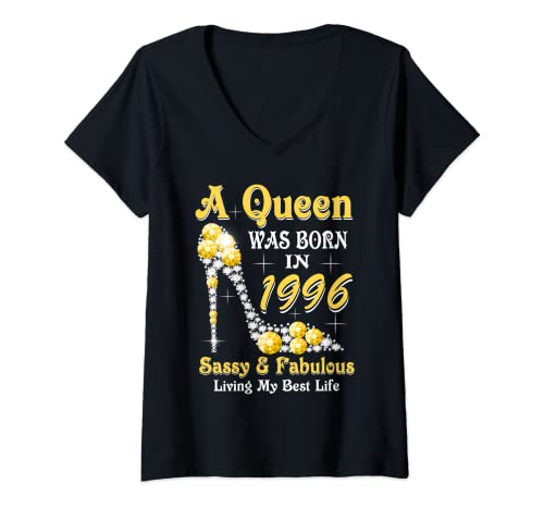 Womens A Queen Was Born In 1996 Sassy & Fabulous 27th Birthday V-Neck T-Shirt
