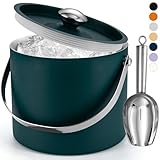 Ice Bucket (3 Liter) Stainless Steel Double Wall Insulated Ice Bucket with Lid & Scoop, Ice Buckets for Parties, Handle, Keeps Ice Cold for Hours, Great for Wine, Champagne, Cocktails (Green)