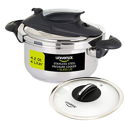 Universal (4.2 Quart / 4 Liter) Small Stainless Steel Easy Use Pressure Cooker + Extra Glass Lid, 5...