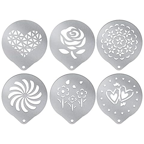 Bncxdc Coffee Stencils Barista, 6PCS Coffee Art Stencil Set, Stainless Steel Coffee Stencil Latte Cappuccino Pattern Template Barista Art Pattern Design for Cake Decorating Cover