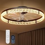 addlon Ceiling Fans with Lights and Remote, 24'' Low Profile Flush Mount Ceiling Fan, 3000–6000K Dimmable LED Fandelier, Bladeless Crystal Fan Light for Bedroom, Kitchen, Living Room, Black
