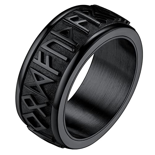FaithHeart Mens Ring Black Nordic Runes Fidget Rings for Anixety Stainless Steel Viking Symbol Finger Band Norse Ring Spinner Jewellery Size Z+1