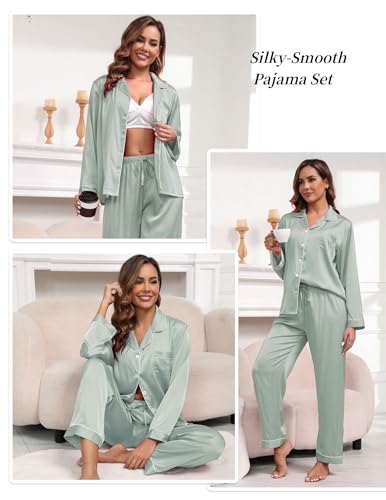 Image of UMBY Silk Satin Pajamas for Women Set 2 Piece Silk Pjs Long Sleeve Top Cozy Sleepwear Silky Pajamas